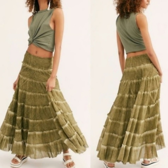Free People Stuck In A Moment Maxi Skirt A Line Tiered Ruffle Hem Oregeno S NWT - Picture 16 of 16